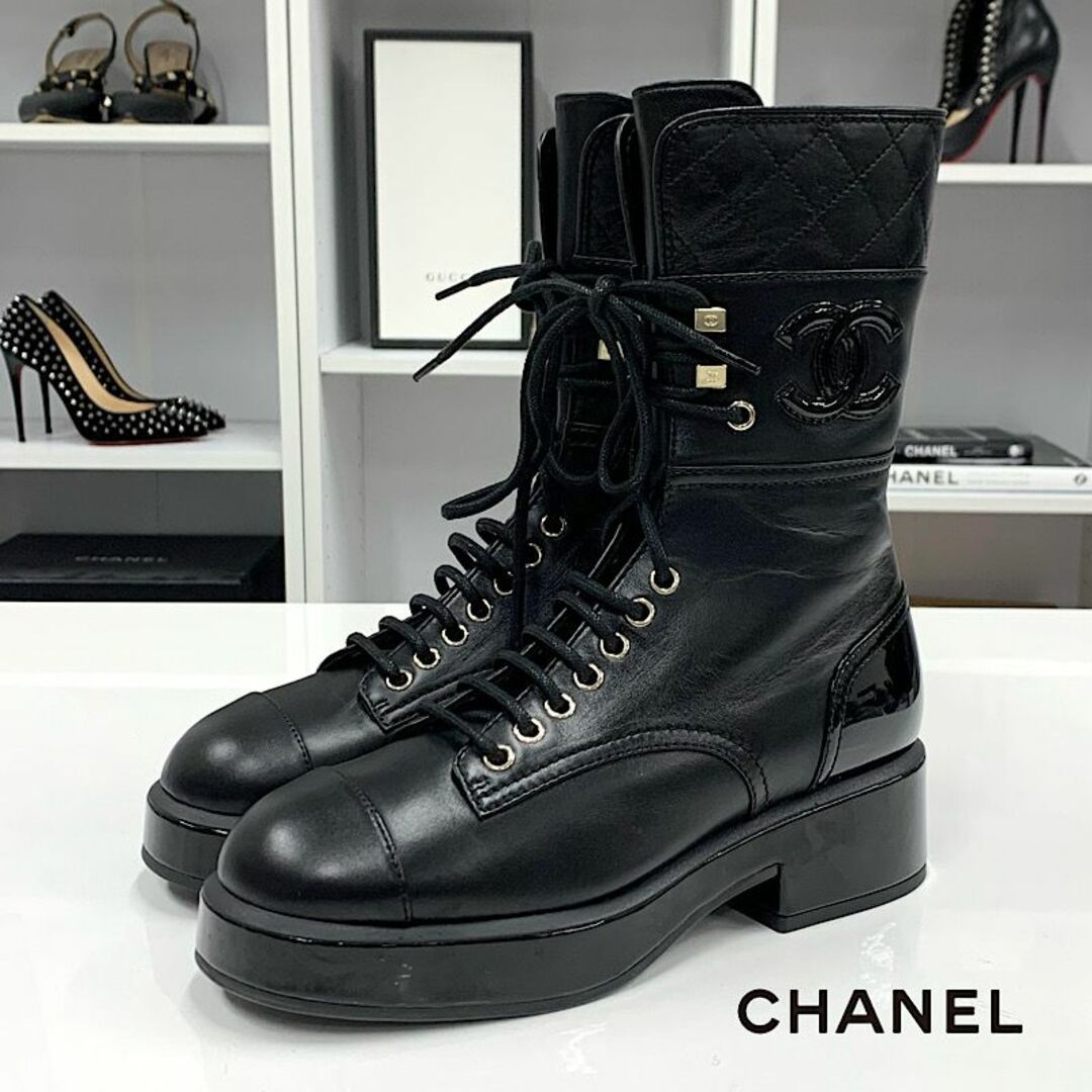 CHANEL - 9066 シャネル ラムスキン パテント ココマーク レースアップ