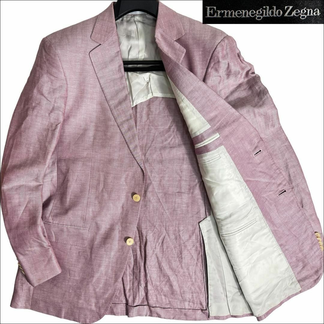 Ermenegildo Zegna(エルメネジルドゼニア)のJ6037美品 エルメネジルドゼニア 麻絹ヘリンボーンジャケット ピンク 52R メンズのジャケット/アウター(テーラードジャケット)の商品写真