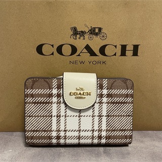 コーチ(COACH)の新品　COACH 二つ折り財布　レディース メンズ ホワイト ブラウン チェック(財布)