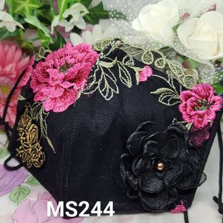 No.MS244 レース　黒薔薇×pink薔薇　インナー兼マスクカバー(その他)