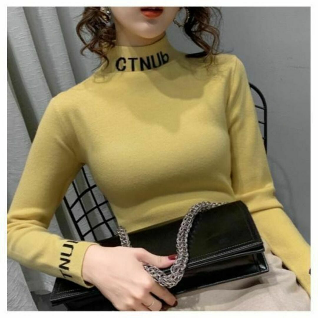 かっこいいロゴ！タートルネックニット　薄黄色XL　♡　韓国 インポート セーター レディースのトップス(ニット/セーター)の商品写真