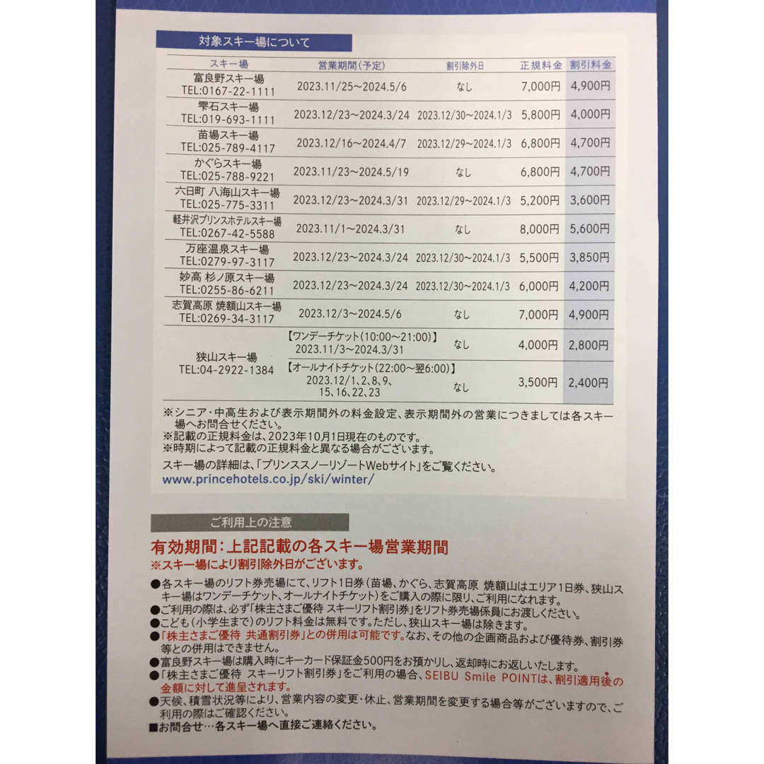 チケットプリンス系列【全日】リフト引き換え券８枚セット