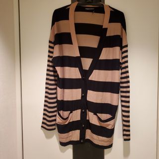 ソニアリキエル(SONIA RYKIEL)の春夏秋❗SONIARYKIELボーダー柄切替カーディガンベージュ×ブラックL(カーディガン)