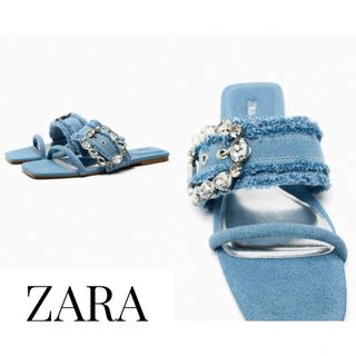 ザラ(ZARA)のZARA デニムフラットスライダーサンダル バックル(39)(サンダル)