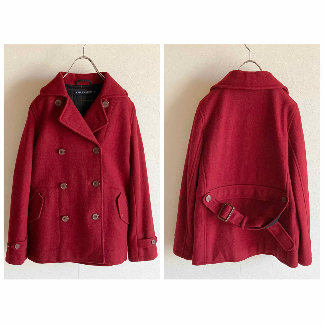 Ralph Lauren(ラルフローレン)のラルフローレン ベルト付 ウール メルトン Pコート 7 赤 レッド ボルドー レディースのジャケット/アウター(ピーコート)の商品写真