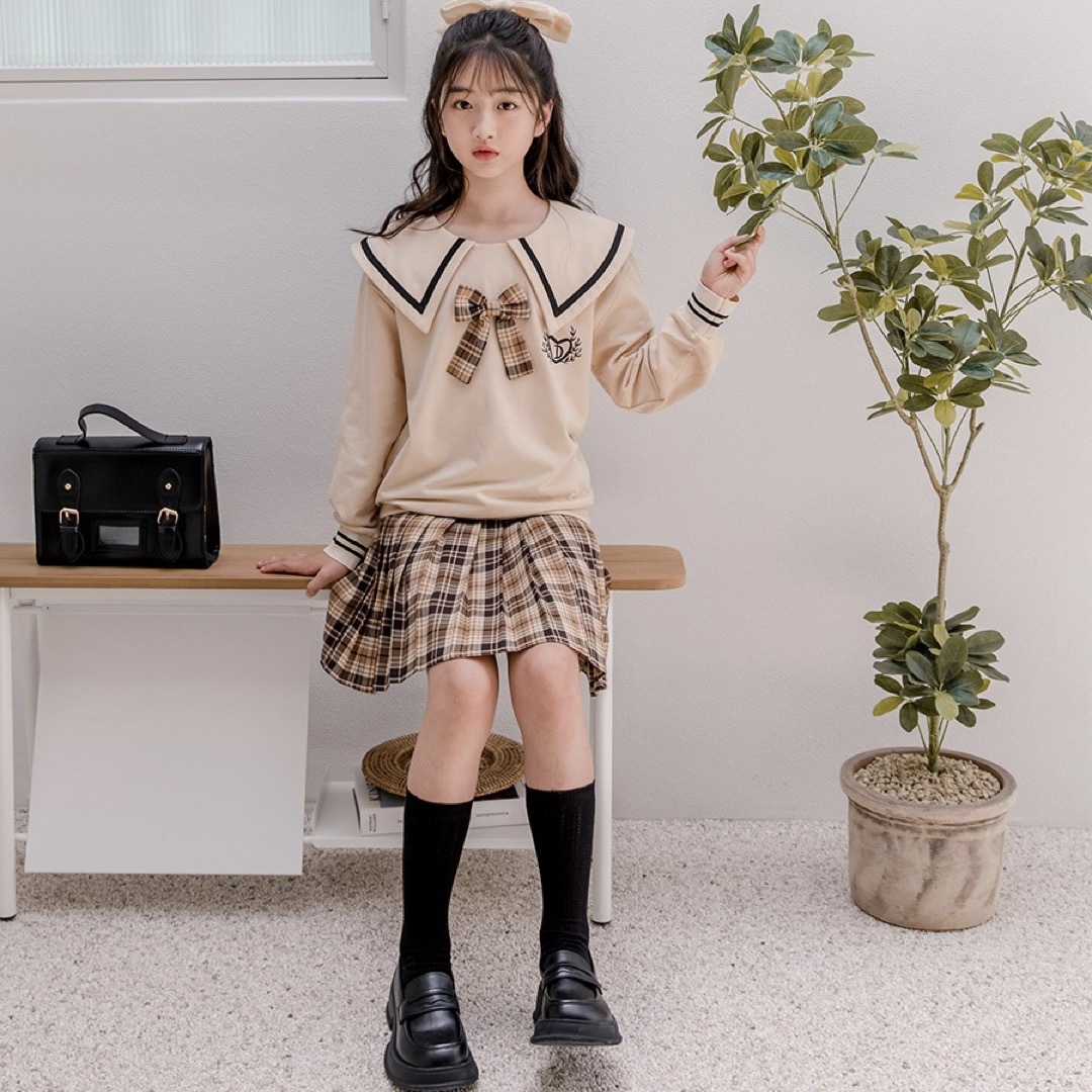 セットアップ セーラー服 2点セット 140 ベージュ チェック フォーマル キッズ/ベビー/マタニティのキッズ服女の子用(90cm~)(ワンピース)の商品写真