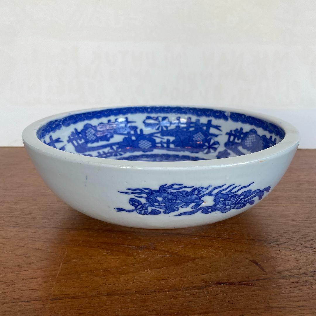 新版 鹿 染付 盛り鉢 特大 ボウル 大鉢 シカ 骨董 獅子 バンビ 二双 工芸品