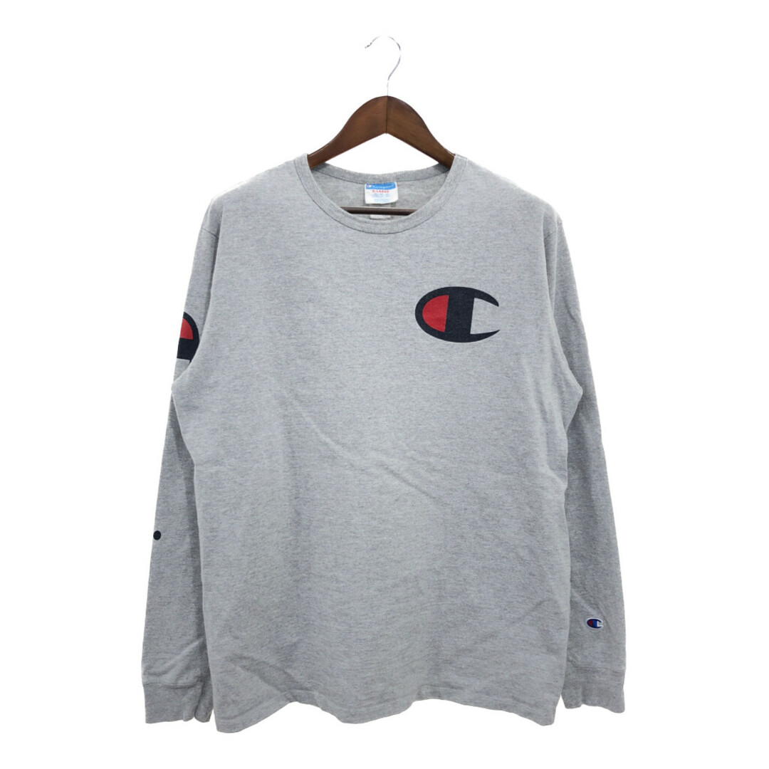 Champion(チャンピオン)のChampion チャンピオン 長袖Ｔシャツ トップス カジュアル ロゴプリント 袖プリント グレー (メンズ XL) 中古 古着 P6430 メンズのトップス(Tシャツ/カットソー(七分/長袖))の商品写真