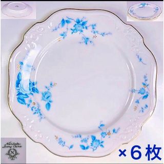 ノリタケ(Noritake)のヴィンテージ オールド ノリタケ ブルー ローズ 6枚セット 金彩 レリーフ 皿(食器)