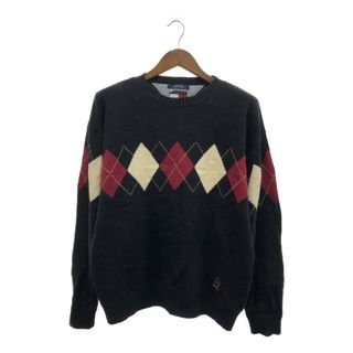 トミーヒルフィガー(TOMMY HILFIGER)の90年代 TOMMY HILFIGER トミーヒルフィガー コットン セーター アーガイル ネイビーブラック (メンズ XL) 中古 古着 P6769(ニット/セーター)