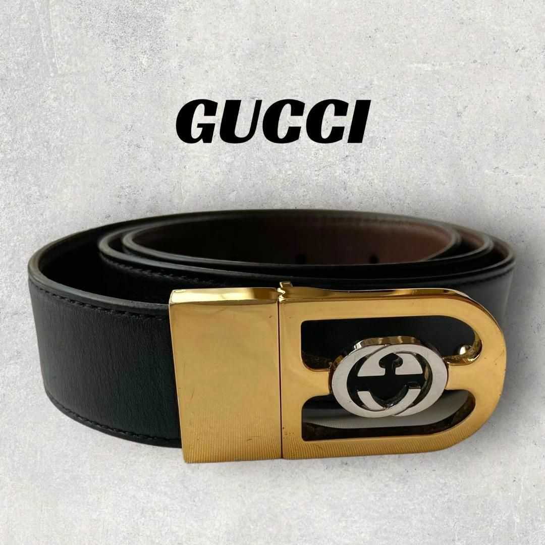 Gucci(グッチ)の【良品】GUCCI　ベルト　ブラック×ブラウン　インターロッキング メンズのファッション小物(ベルト)の商品写真