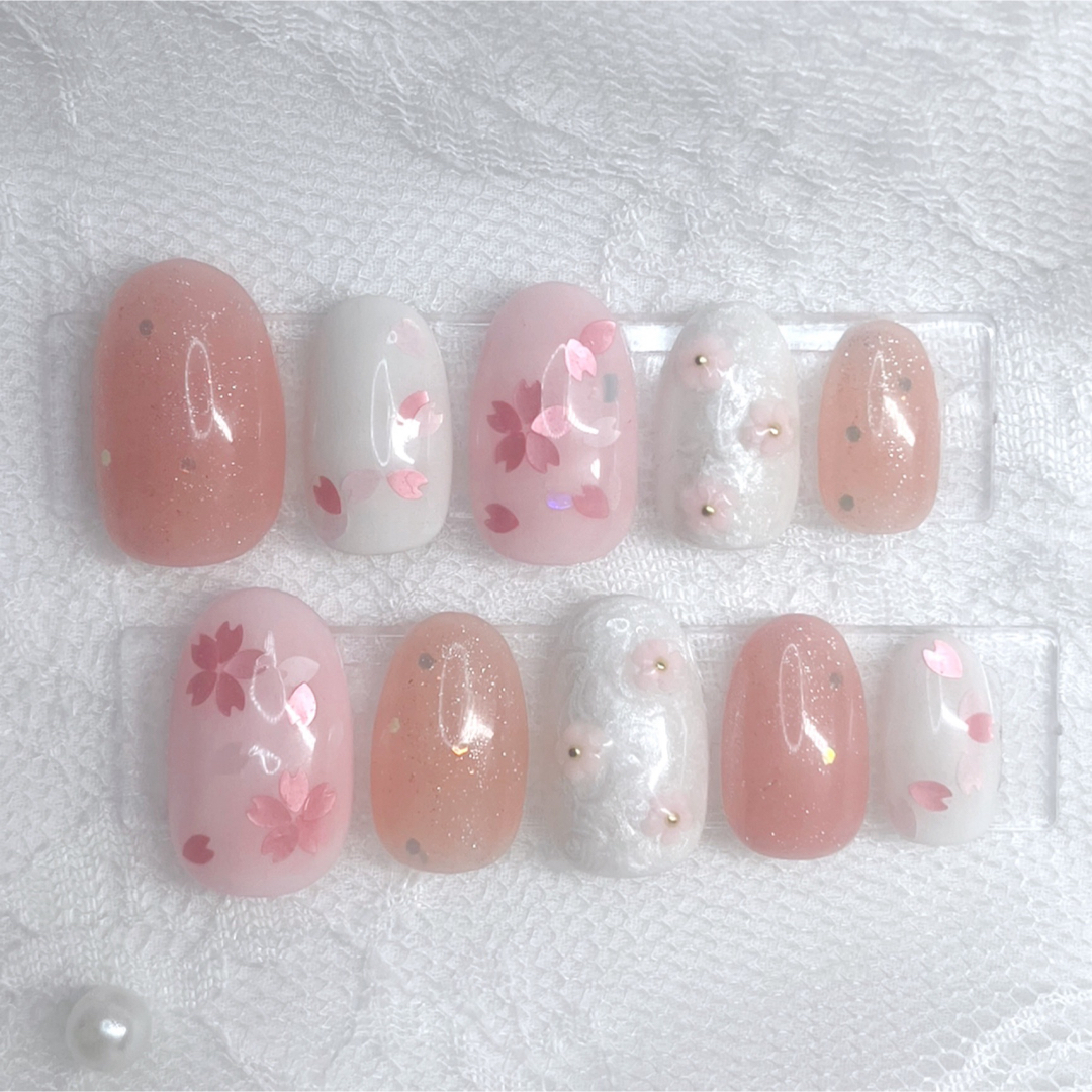 【No.110】ネイルチップ ショートオーバル 桜ネイル ハンドメイドのアクセサリー(ネイルチップ)の商品写真