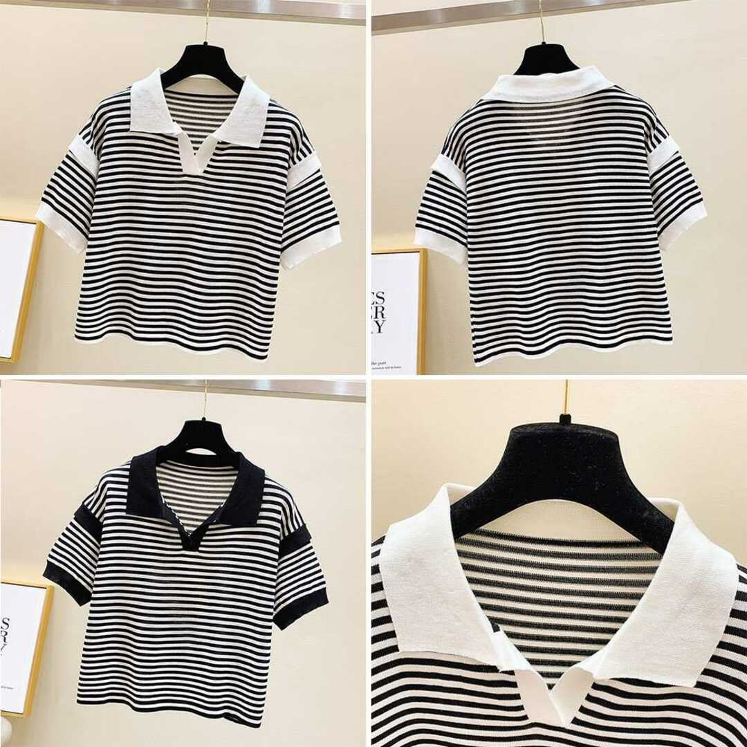ポロシャツ レディース 半袖 ボーダーニット tシャツ 薄手サマーニット レディースのトップス(ポロシャツ)の商品写真