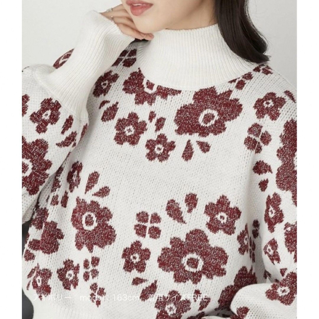 大きいサイズ花柄セーター　ラメジャガードセーター　ハイネックニットプルオーバー　 レディースのトップス(ニット/セーター)の商品写真