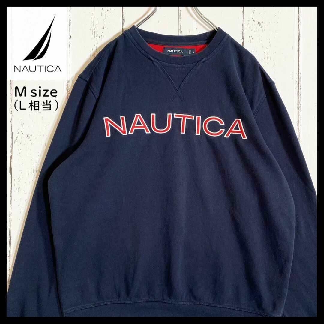 NAUTICA(ノーティカ)のノーティカ NAUTICA 刺繍ロゴ スウェット 裏起毛 古着 L相当 ネイビー メンズのトップス(スウェット)の商品写真