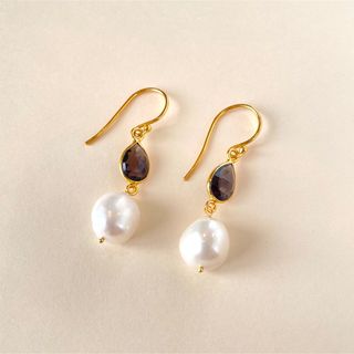 Smoky quartz + Pearl 22k gold plated ピアス(ピアス)