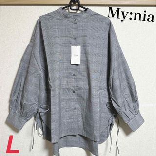 新品　mynia レディース　バンドカラーサイドリボンシャツ　グレンチェック(シャツ/ブラウス(長袖/七分))