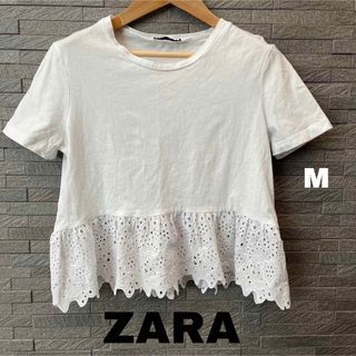 ザラ(ZARA)のザラ ZARA  半袖 Tシャツ カットソー レース フリル　白　インナー(Tシャツ(半袖/袖なし))