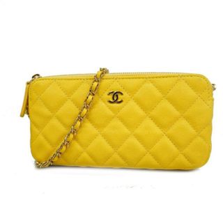 シャネル(CHANEL)の【4fb0664】シャネル ショルダーウォレット/マトラッセ/チェーンショルダー/キャビアスキン/イエロー/ゴールド金具(財布)