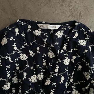 ザラ(ZARA)の40 ZARA ザラ BASIC 花柄 ワンピース シャツ マキシ 刺繍(ロングワンピース/マキシワンピース)