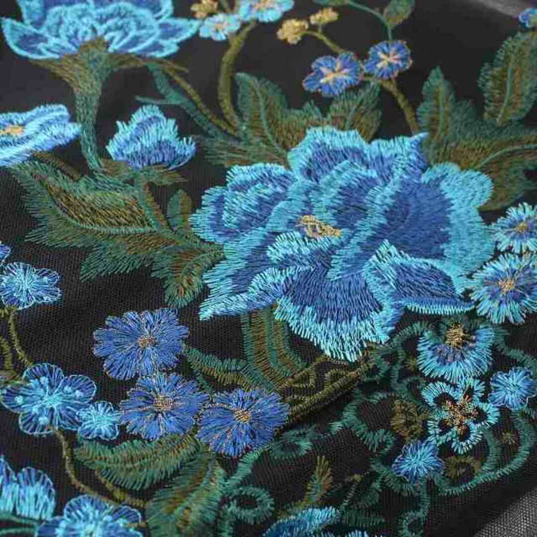 other(アザー)のハイカラ ワンピース ロング 長袖 切り替え リブニット レース 刺繍 花柄 黒 レディースのワンピース(ロングワンピース/マキシワンピース)の商品写真