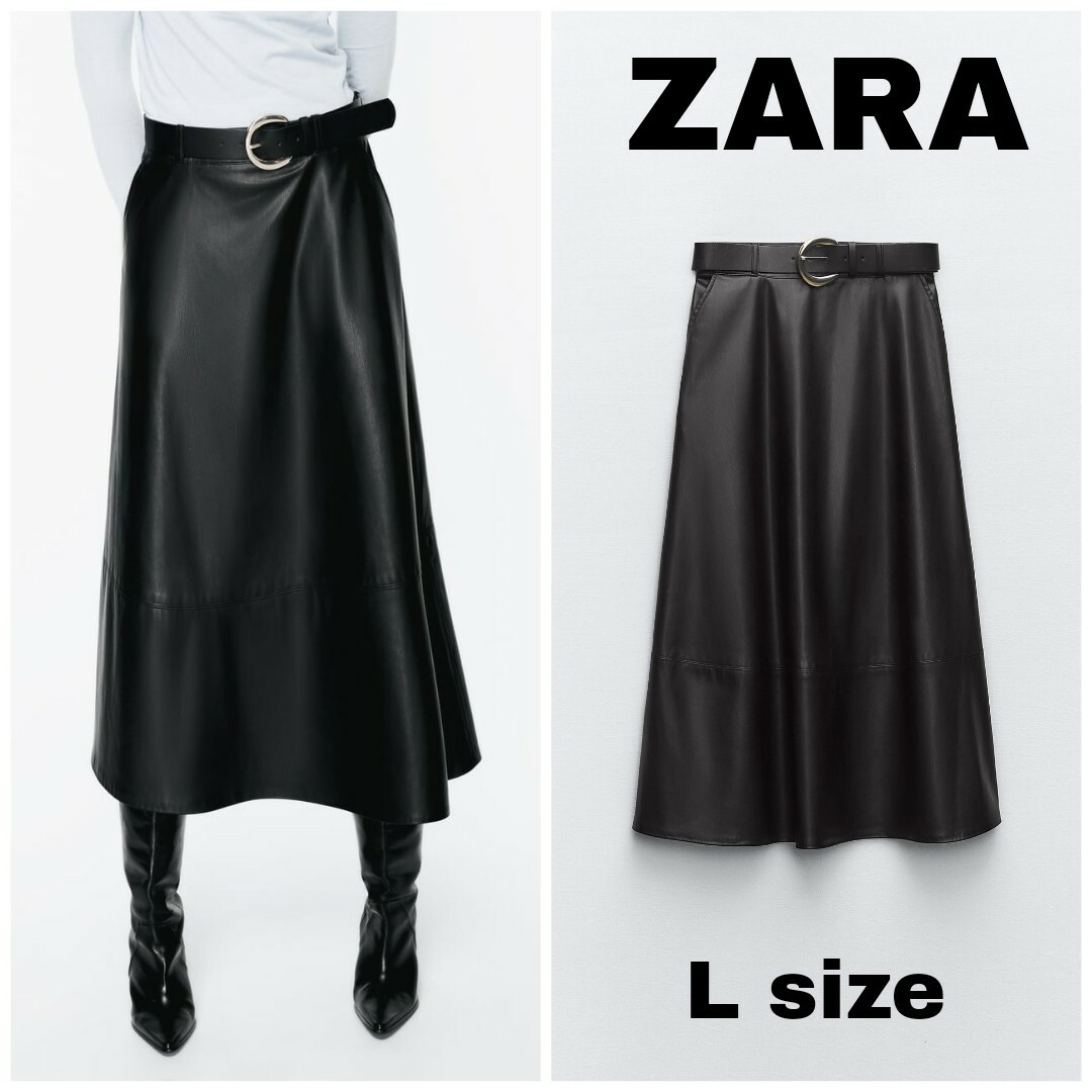 ZARA(ザラ)のZARA　フェイクレザー レイヤー ミディスカート　Lサイズ　ブラック レディースのスカート(ロングスカート)の商品写真