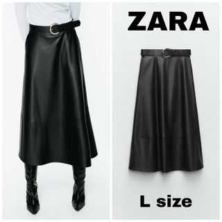 ザラ(ZARA)のZARA　フェイクレザー レイヤー ミディスカート　Lサイズ　ブラック(ロングスカート)