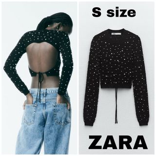 ザラ(ZARA)のZARA　クロップドニットセーター パールビーズ　Sサイズ　ブラック(ニット/セーター)