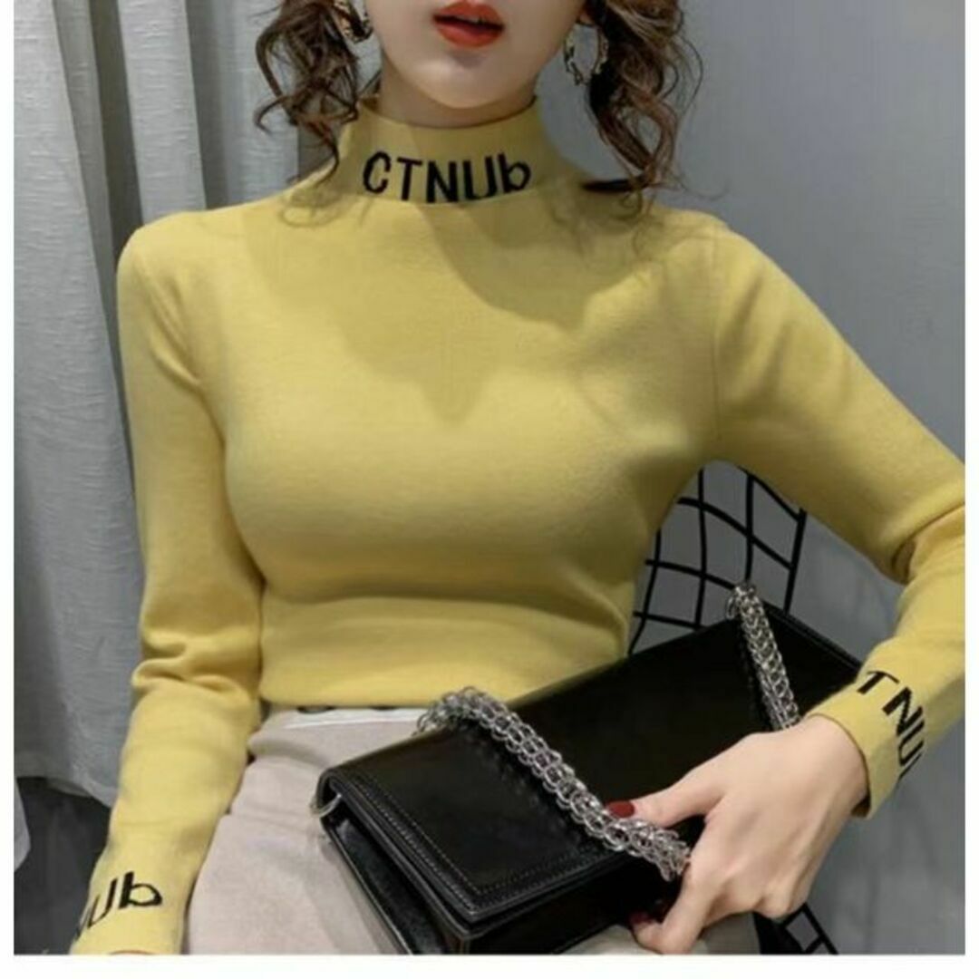 黄色L　かっこいいロゴがクール！タートルネックニット♡韓国 インポート セーター レディースのトップス(ニット/セーター)の商品写真