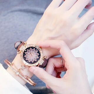 レディース 腕時計 2点セット ピンク レザー 合革 ブレスレット 茶色(腕時計)