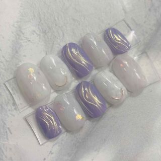 ネイルチップ ベリーショートオーバル ラベンダー 紫 ニュアンス 大理石(つけ爪/ネイルチップ)