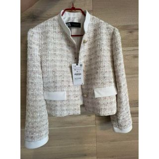 ザラ(ZARA)の【新品】ZARA コントラストテクスチャーブレザー　ノーカラーツイードジャケット(テーラードジャケット)