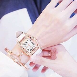 レディース 腕時計 2点セット ホワイト レザー 合革 ブレスレット 白(腕時計)