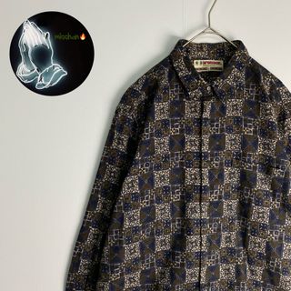 【長袖シャツ　総柄　柄シャツ　ネイビー　ブラウン　ベージュ　古着】(シャツ)