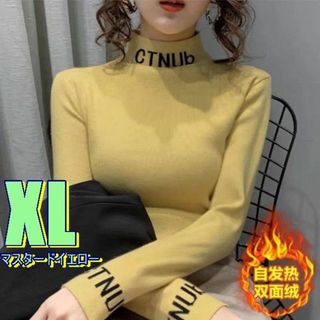 黄XL　タートルネックニット　セーター　かっこいいロゴがクール！　インポート(ニット/セーター)