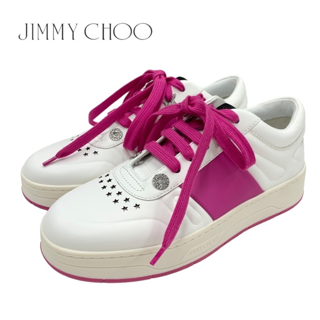 JIMMY CHOO(ジミーチュウ)の未使用 ジミーチュウ JIMMY CHOO HAWAII スニーカー 靴 シューズ スター ラインストーン ロゴ レザー ホワイト ピンク レディースの靴/シューズ(スニーカー)の商品写真