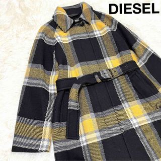 ディーゼル(DIESEL)のDIESEL ロングコート チェック チェスターコート ブラック イエロー(ロングコート)