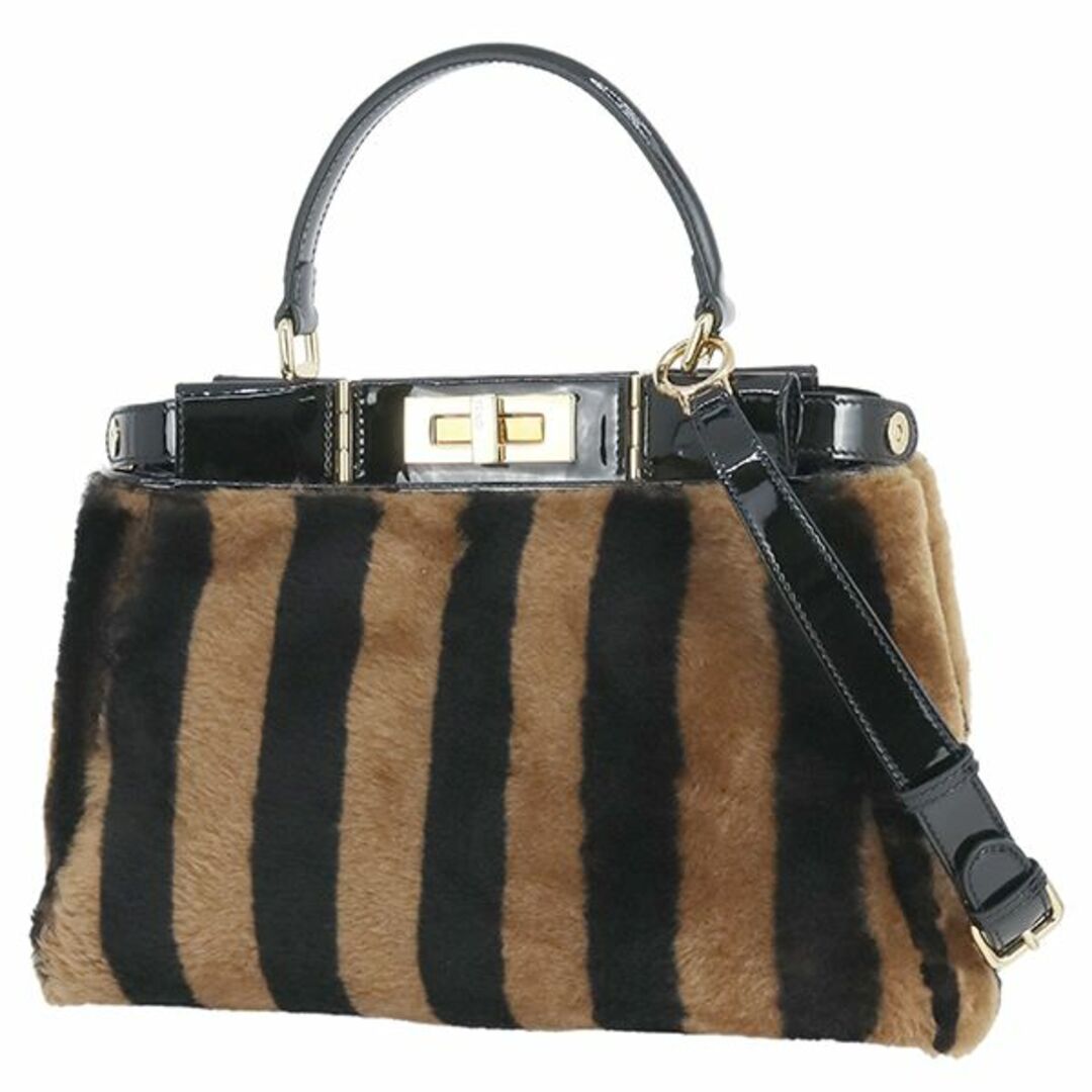 FENDI(フェンディ)のフェンディ ピーカブーレギュラームートン ショルダーバッグ メリノシープ エナメルレザー ブラウン ブラック ゴールド レディース 新品同様 7752  レディースのバッグ(ショルダーバッグ)の商品写真