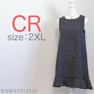 CR ラウンドネック　総柄　ノースリーブひざ丈ワンピース　Aラインフレア　2XL(ひざ丈ワンピース)