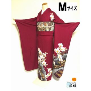 【中古】 振袖 ワインカラー地に椿模様 裄65cm Mサイズ (着物)