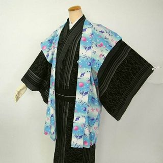 新品 男物 陣羽織 綿 白×水色 緑色に貝殻文様 袖なし羽織 福服特製 幅広め nk(着物)