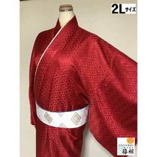 【中古】色無地 男物 化繊 花菱の地紋 赤 裄74cm 2Lサイズ(着物)