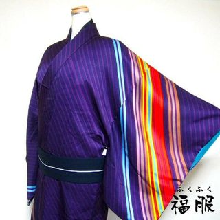 男着物 中古 絵羽着物 男物 正絹 紫地に斜め縞模様 袷着物 裄70 Lサイズ あすつく 中古 裄長 シーズン冬(着物)