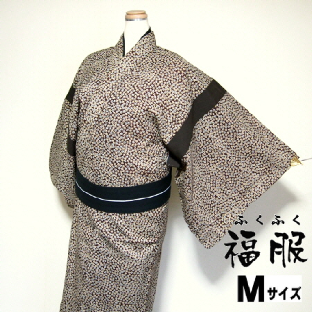 中古 ウール リメイク男物 こげ茶地に小花模様 単衣着物 裄72 Mサイズ 福服特製 リサイクル あすつく メンズの水着/浴衣(着物)の商品写真