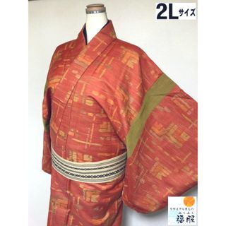 中古 ウール リメイク男物 オレンジ地に変わり格子文様 単衣 裄74 2Lサイズ 福服特製 リサイクル あすつく(着物)