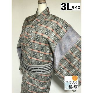 中古 ウール リメイク男物 グレー地に絣格子文様 単衣着物 裄78 3Lサイズ 福服特製 あすつく(着物)