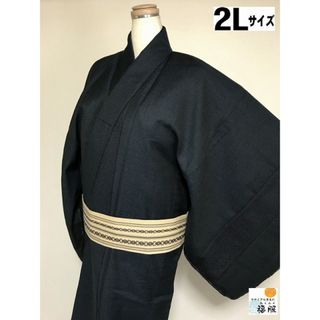 【中古】ウール 男物 黒地に砂嵐文様 単衣 リメイク着物 裄73 2Lサイズ【福服特製】(着物)