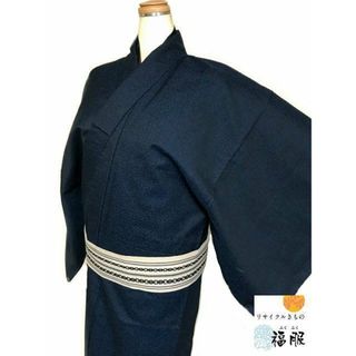 【中古】ウール 男物 濃紺地に蚊絣文様 単衣 裄66cm Sサイズ(着物)