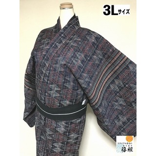 【中古】 ウール リメイク男物 濃紺地に菱文様 単衣着物 裄78 3Lサイズ 福服特製  (着物)