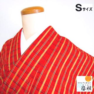 中古紬 綿 赤茶地に格子文様 裄62.5 Sサイズ リサイクル(着物)